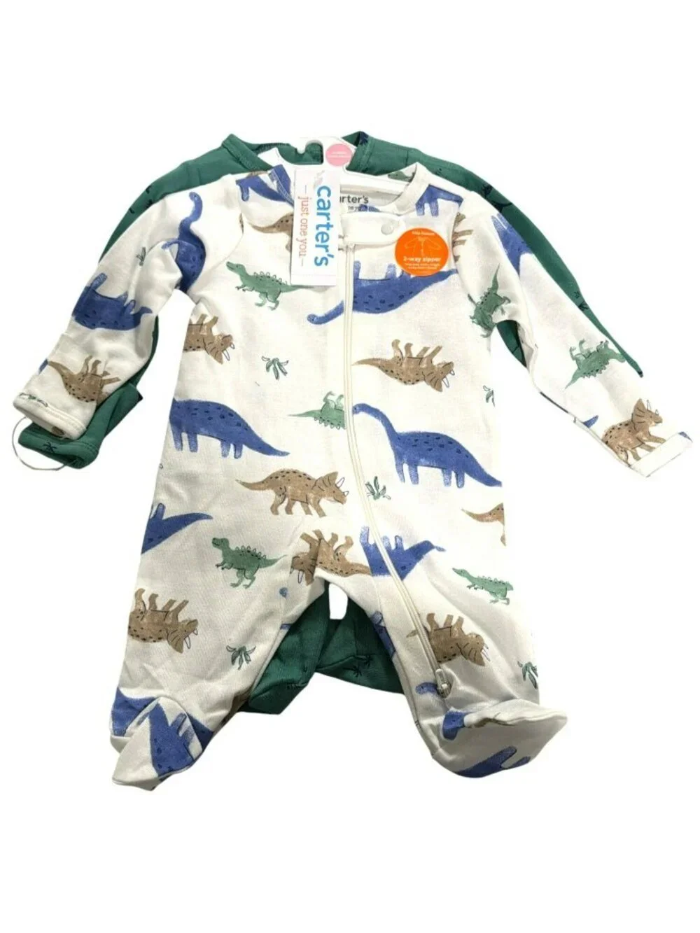 Carters Newborn 2-Way Zipper Footed Pajamas 2-Pack Dinosaur Print New